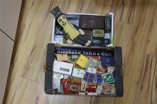 Two boxes of old cigarette packets and advertising tins